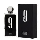 Afnan 9 PM Eau de Parfum bottle and box with black design and silver cap, 100ml fragrance